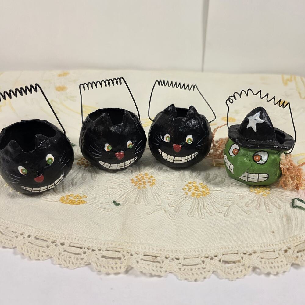 Vintage Inspired Halloween Candy Buckets Lot Of 4 Paper Mache Handmade Mini